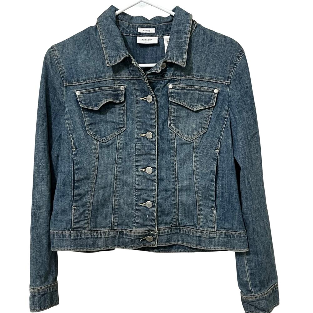 Liz & Co. Women’s Petite Medium Blue Jean Jacket Stretch Pockets